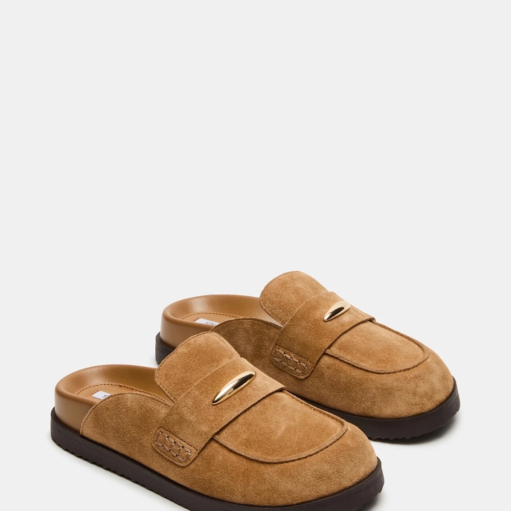 Steve Madden Tan Suede Mule Loafers with Gold Accent